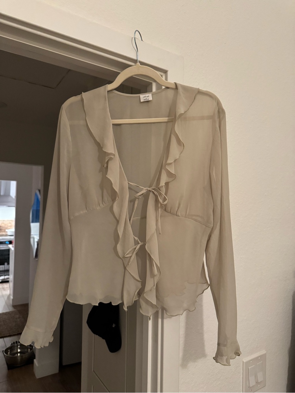 Aritzia Sheer Ruffle Tie-Front Blouse in Light Beige